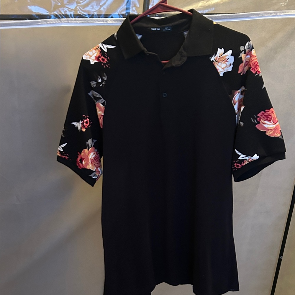 SHEIN Black Polo with Pink and White Floral Sleeves